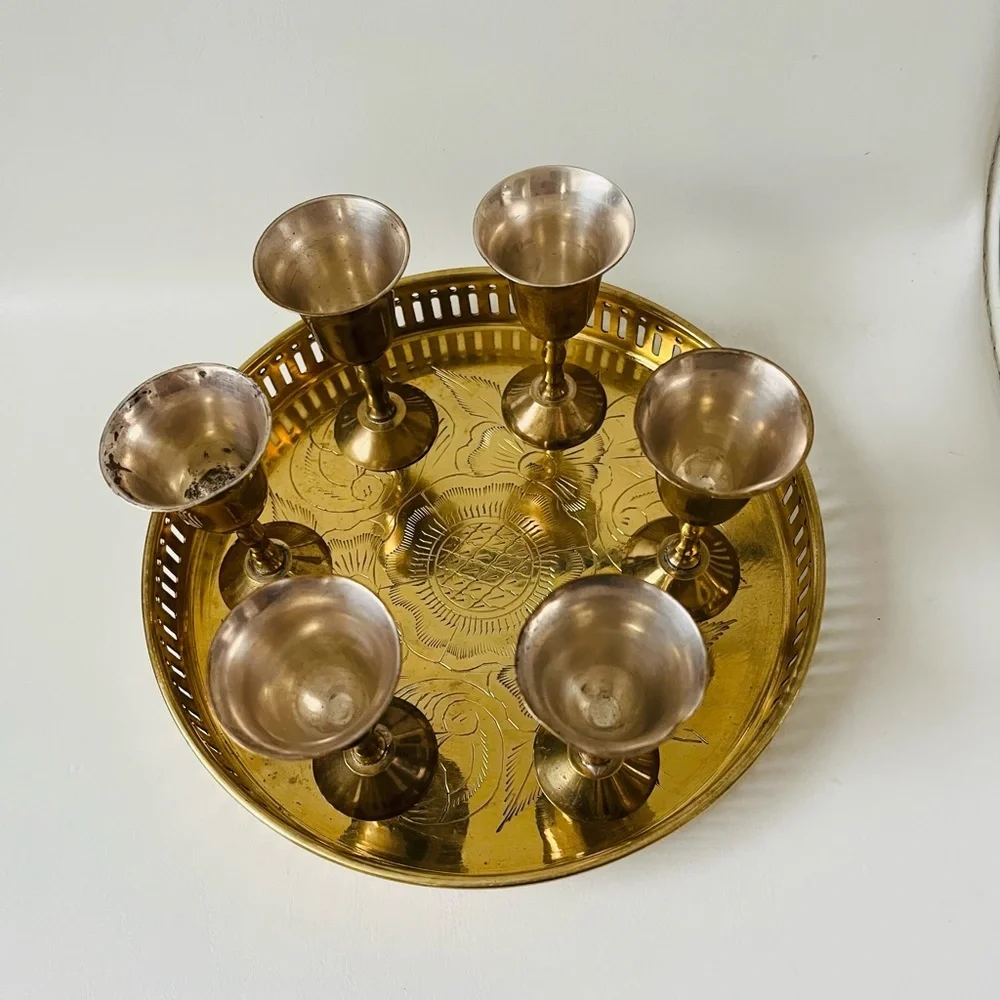 Elegant Brass and Silver Goblet Set with Tray
